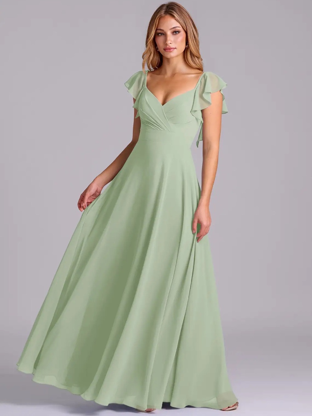 Azazie Sage Green Maxi Dress with Ruffle Shoulders